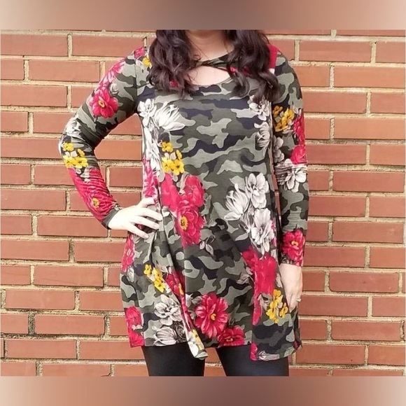 Watermelon Camo Floral Long Sleeve Tunic Dress Womens Plus Size 3XL - Picture 1 of 9